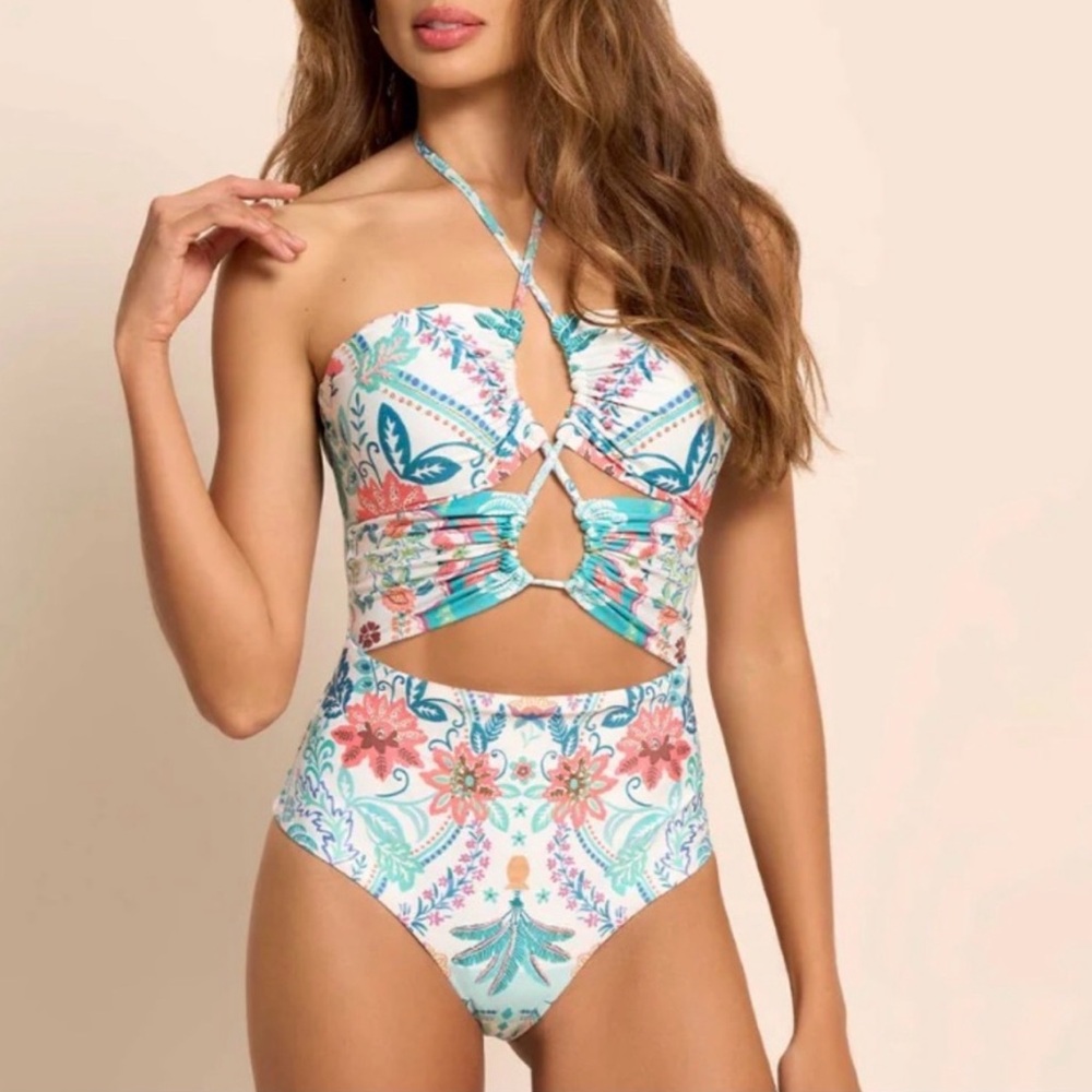 Cosita Linda Floral Cutout One-Piece Swimsuit - Teal/Coral Size M NWT